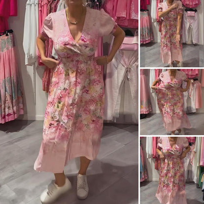 Robe longue élégante à imprimé floral et encolure en V pour femme