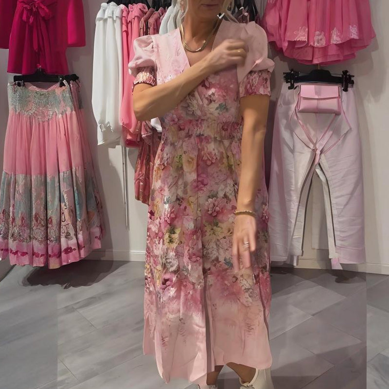Robe longue élégante à imprimé floral et encolure en V pour femme