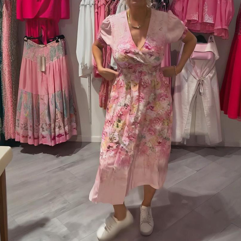 Robe longue élégante à imprimé floral et encolure en V pour femme