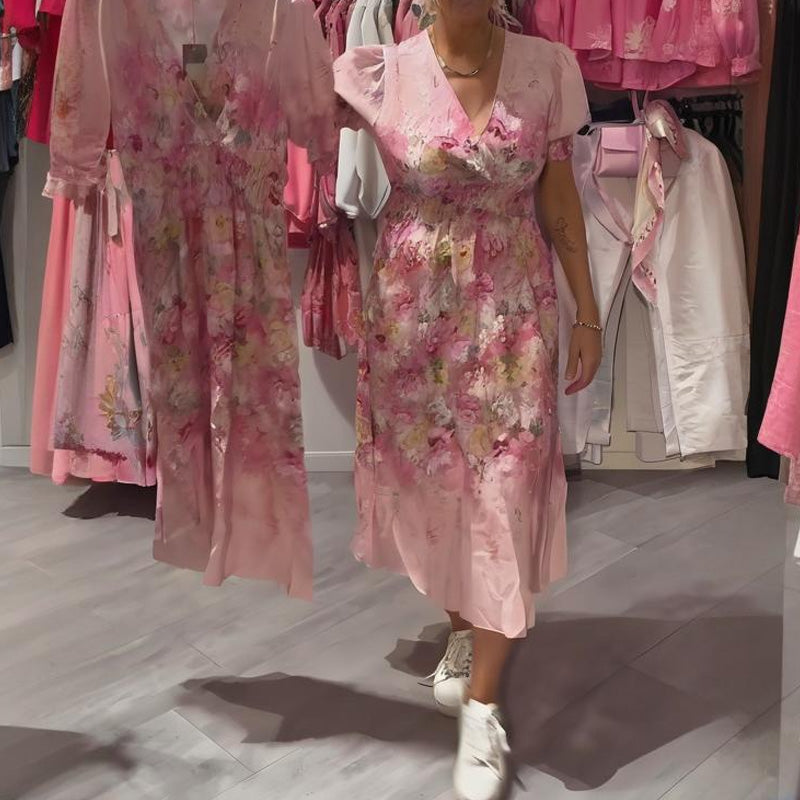 Robe longue élégante à imprimé floral et encolure en V pour femme