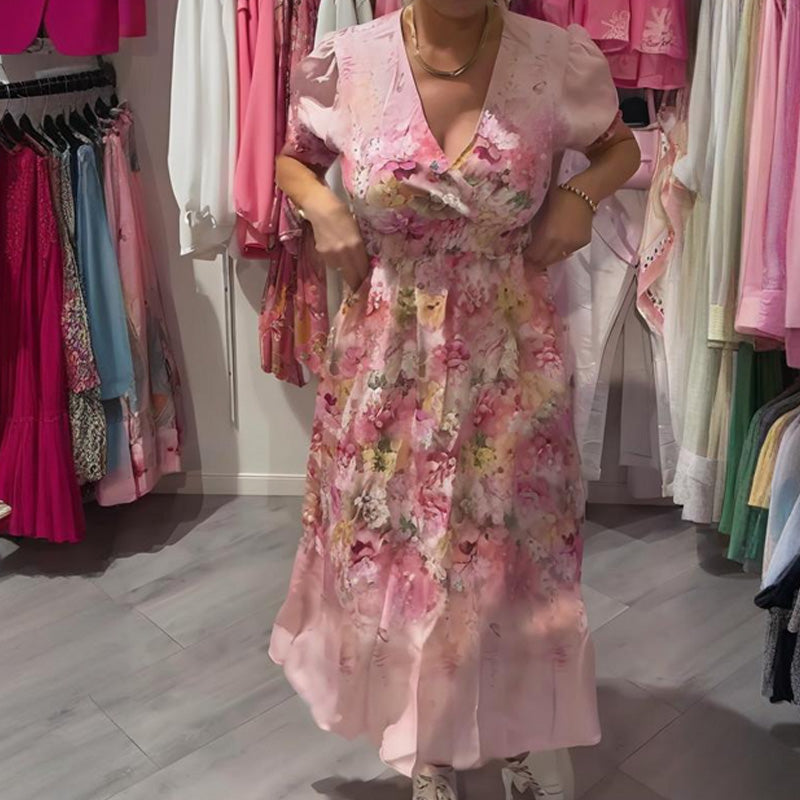 Robe longue élégante à imprimé floral et encolure en V pour femme