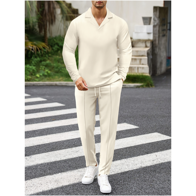 🎊Élégant ensemble pour homme en coton, composé d'une chemise à col et d'un pantalon à cordon