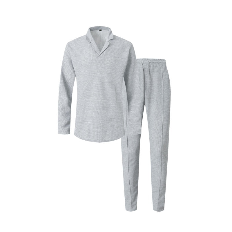 🎊Élégant ensemble pour homme en coton, composé d'une chemise à col et d'un pantalon à cordon