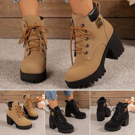 🔥【35-42】 👢✨2025 Nouveauté pour cet automne : bottines à talons épais et semelles compensées – modèle rétro à lacets pour femmes