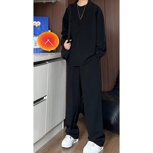 🔥Soldes 2025 50 % de réduction🔥Ensemble deux pièces faux chemise et pantalon à col en V