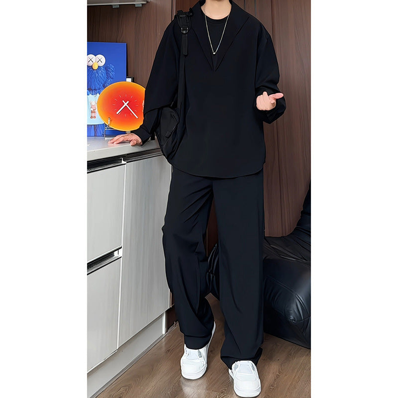 🔥Soldes 2025 50 % de réduction🔥Ensemble deux pièces faux chemise et pantalon à col en V