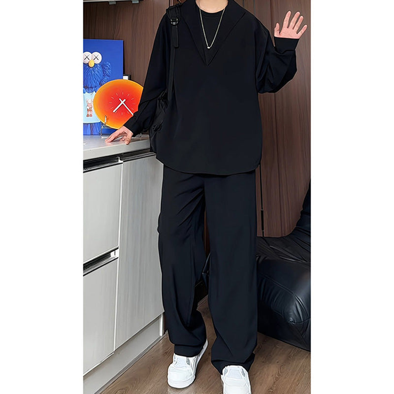 🔥Soldes 2025 50 % de réduction🔥Ensemble deux pièces faux chemise et pantalon à col en V