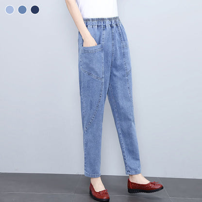 Pantalon droit en jean taille haute élastique pour femme
