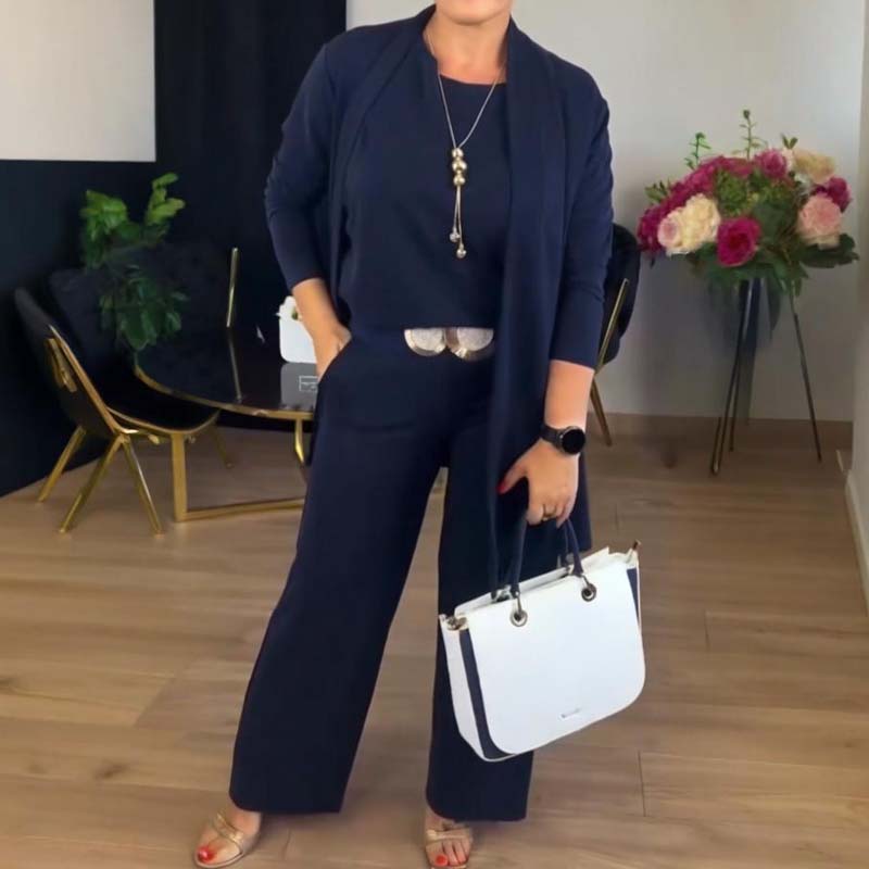 🌸Soldes d'automne👗 Élégant ensemble trois pièces avec cardigan long – Tissu doux, haut et pantalon stylés, parfaits pour aller au travail et pour le quotidien. ✨