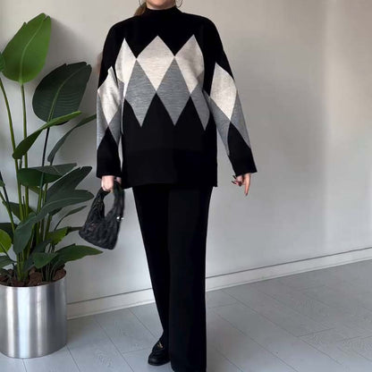 🔥Offre à durée limitée - Ensemble pull et pantalon à losanges colorés tendance