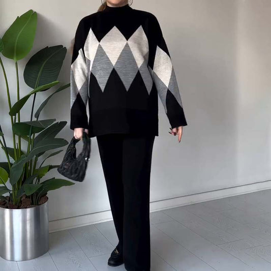 🔥Offre à durée limitée - Ensemble pull et pantalon à losanges colorés tendance