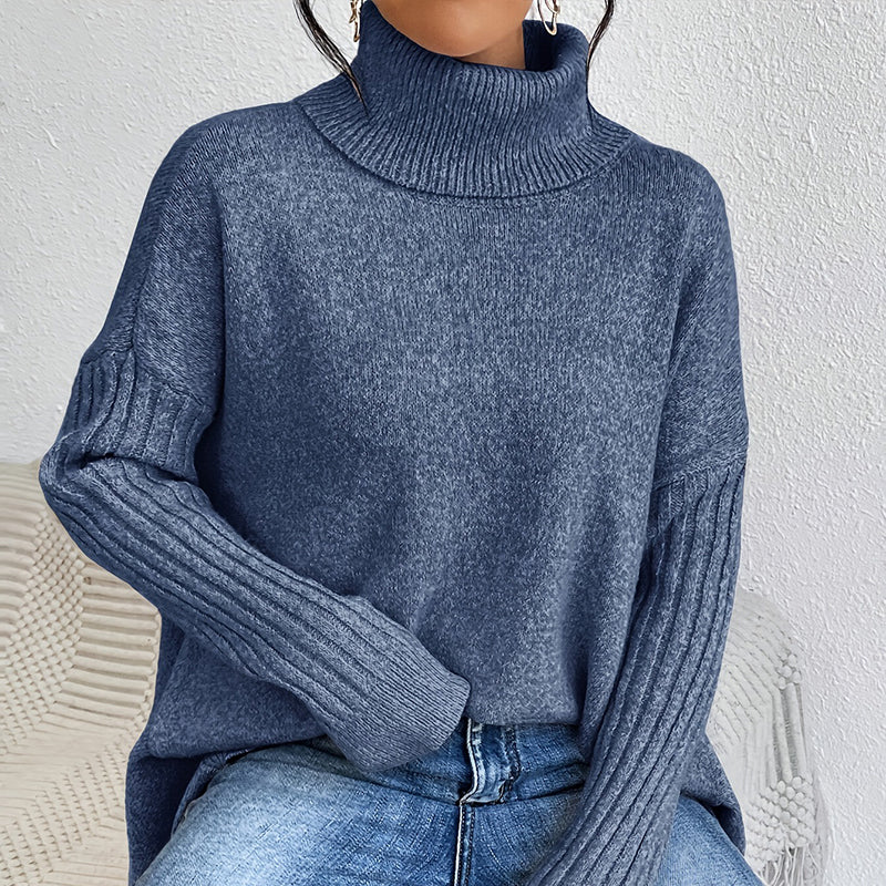 💖Pull femme tendance de couleur unie avec épaules tombantes, col montant et grosse maille