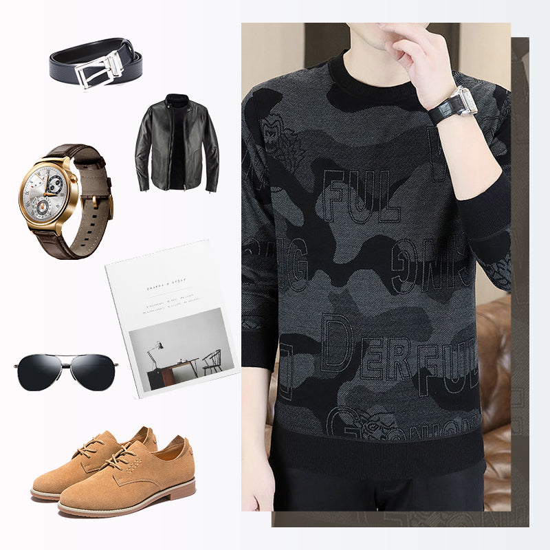 T-shirt imprimé à manches longues et col rond pour hommes