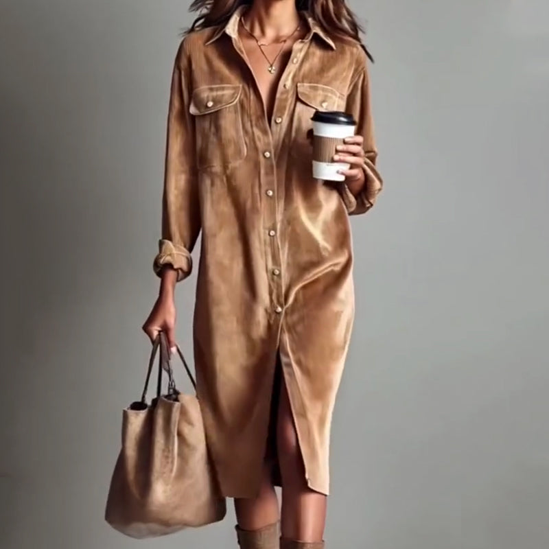 🔥 60% DE RÉDUCTION ! ✨ Robe Chemise Décontractée Femme - Velours Côtelé Doux, Poche Poitrine Pratique, Style Moderne et Confortable 👚✨