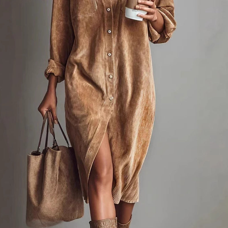 🔥 60% DE RÉDUCTION ! ✨ Robe Chemise Décontractée Femme - Velours Côtelé Doux, Poche Poitrine Pratique, Style Moderne et Confortable 👚✨