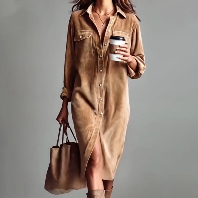 🔥 60% DE RÉDUCTION ! ✨ Robe Chemise Décontractée Femme - Velours Côtelé Doux, Poche Poitrine Pratique, Style Moderne et Confortable 👚✨