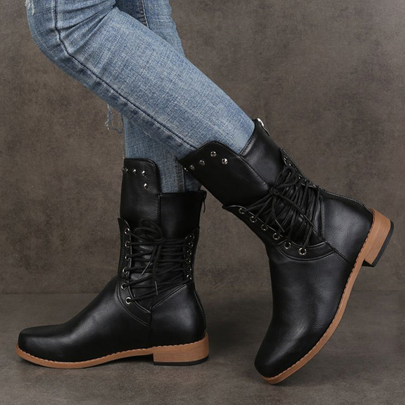 Bottines à Lacets à Talon Bas et à Bout Rond pour Femmes【Livraison gratuite】