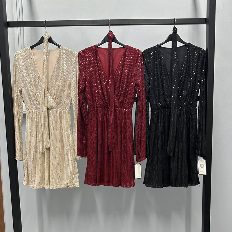 Offre à durée limitée - Robe longue à manches longues et col en V scintillant pour femme, avec ceinture à nouer à la taille