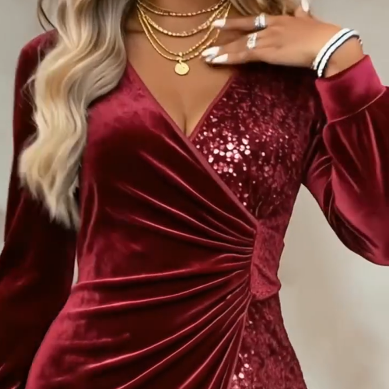 Robe à manches longues et col en V à paillettes pour femme