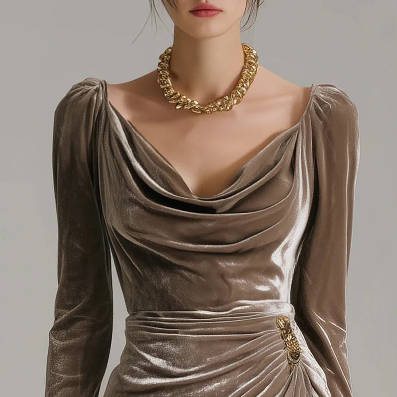 ❄️ Soldes d'hiver - 49 % de réduction 👗👚Robe à manches longues avec col, froncée et fendue