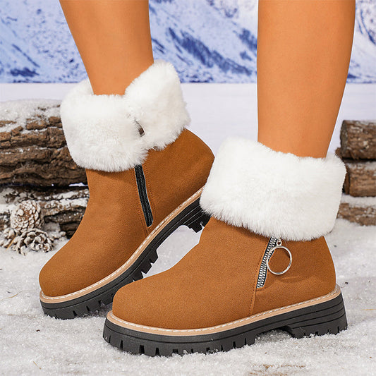 Bottes de neige épaisses avec col en fourrure et fermeture éclair pour femmes, longueur cheville