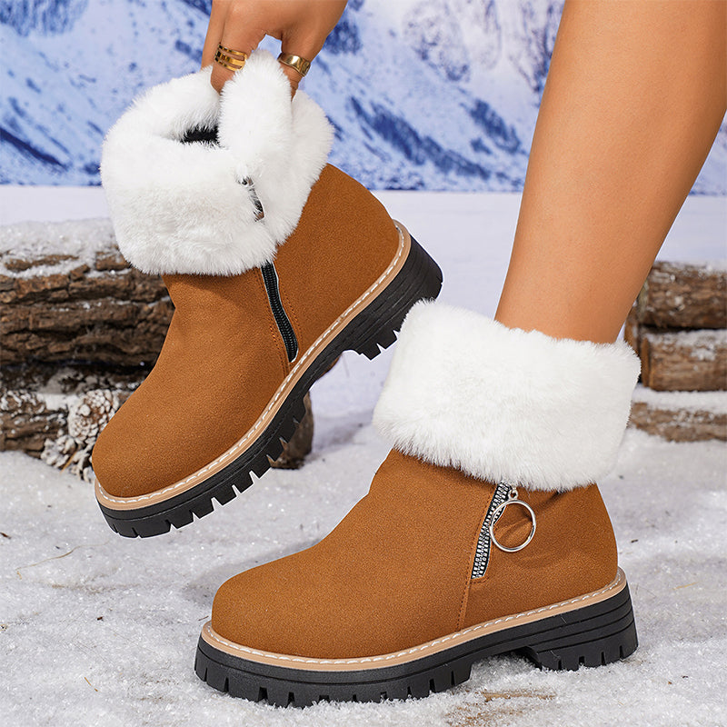 Bottes de neige épaisses avec col en fourrure et fermeture éclair pour femmes, longueur cheville
