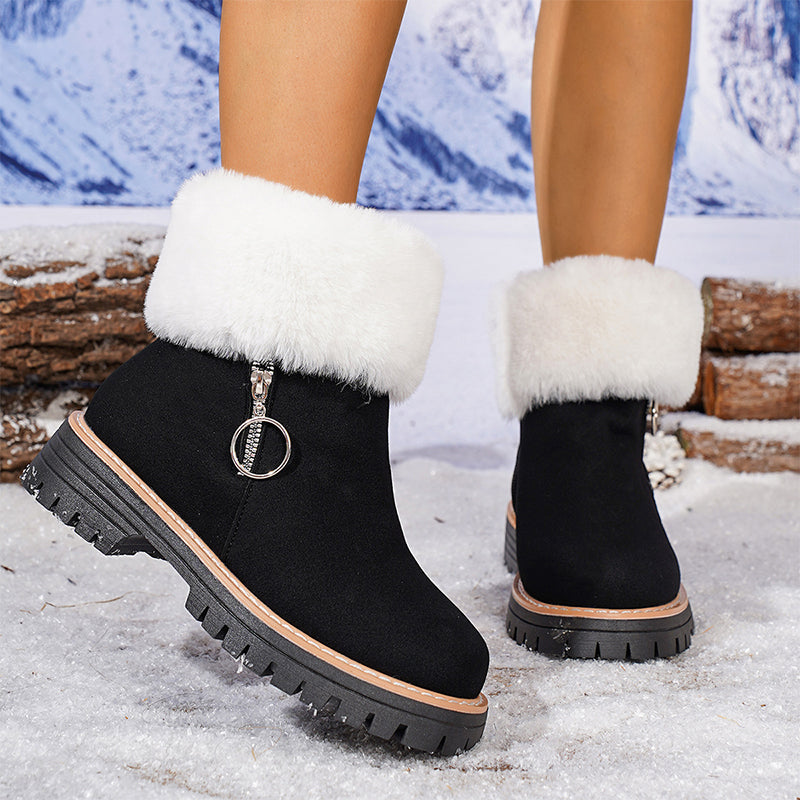 Bottes de neige épaisses avec col en fourrure et fermeture éclair pour femmes, longueur cheville