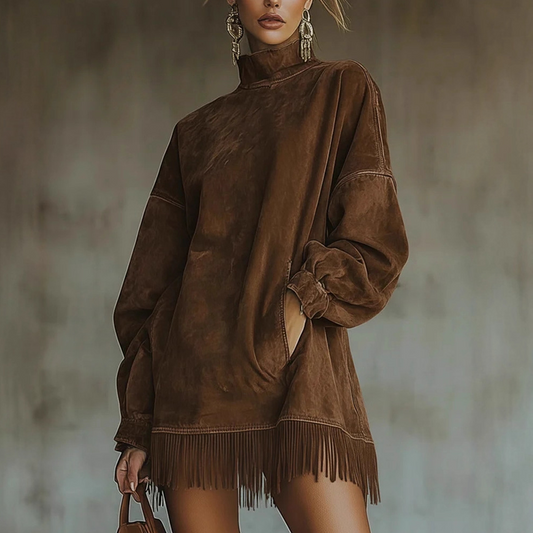 Robe décontractée à col roulé et poche, avec ourlet à pompons