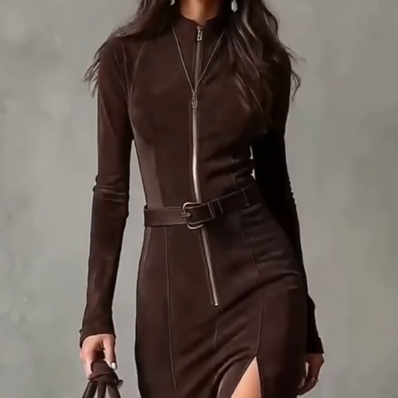 Robe longue à manches longues en simili daim avec fermeture éclair