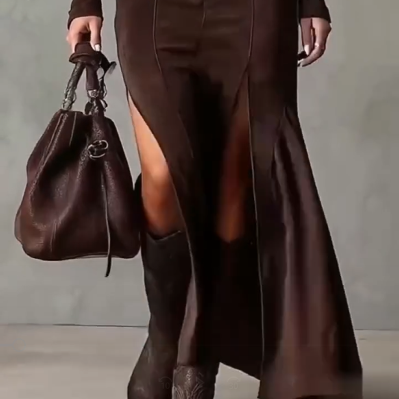 Robe longue à manches longues en simili daim avec fermeture éclair