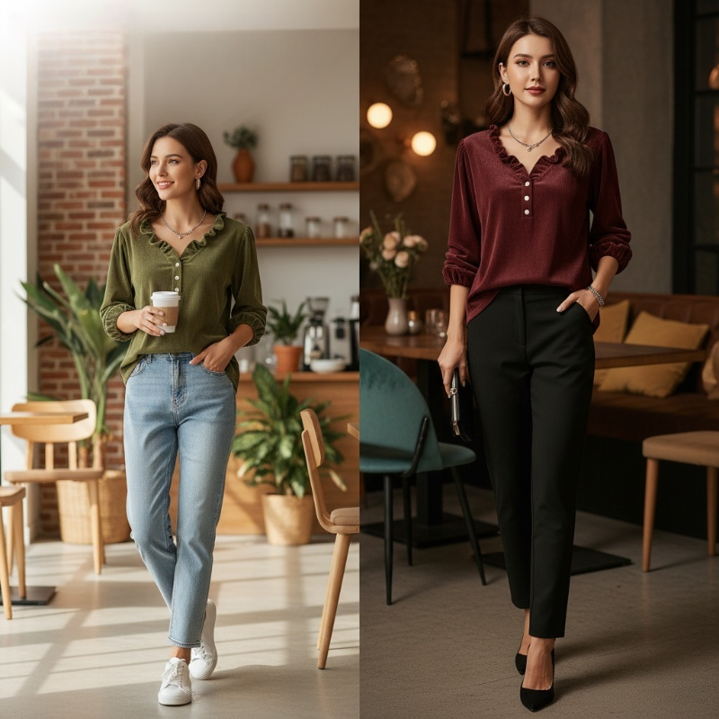 Haut à col en V et manches lanternes pour femme