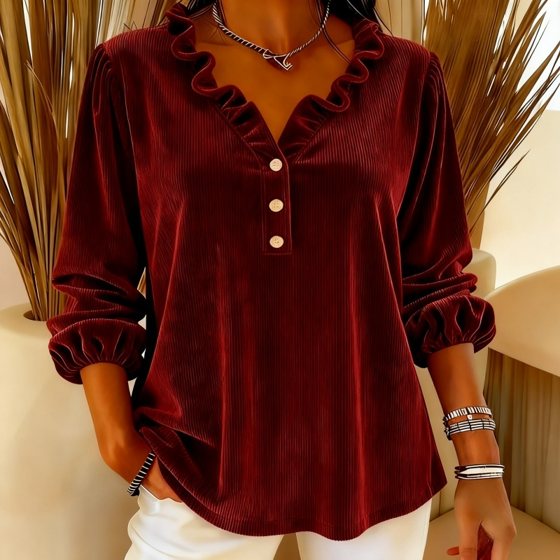 Haut à col en V et manches lanternes pour femme