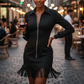 Mini-robe zippée à col et ourlet à franges pour femme