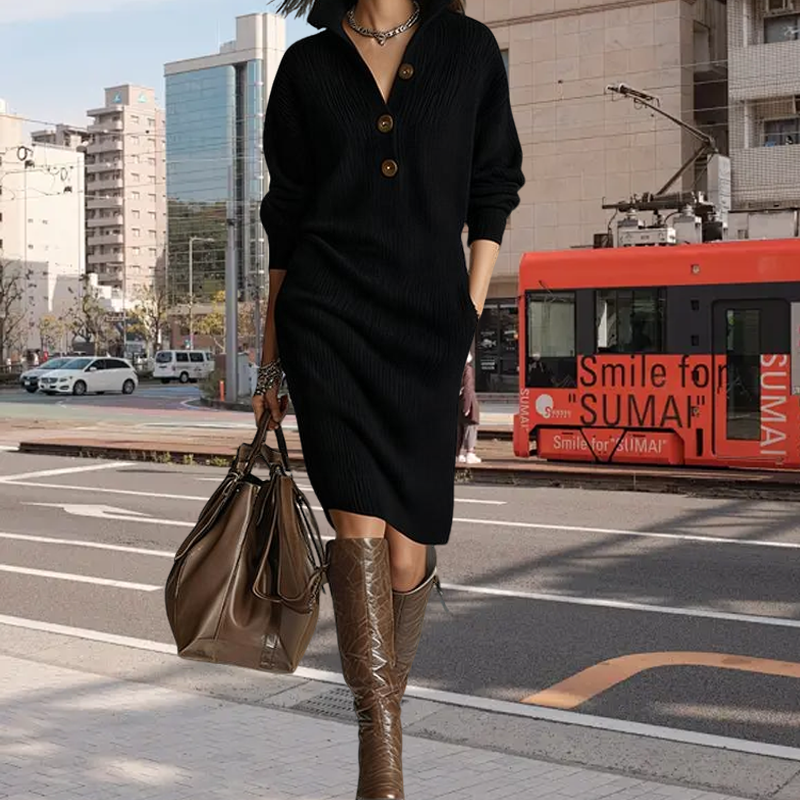 Robe femme tricot côtelé col montant boutonnée – Élégance & Confort