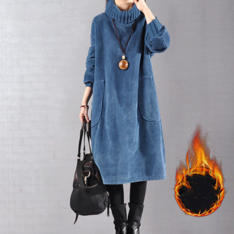 Robe longue ample en velours côtelé à col haut pour femme