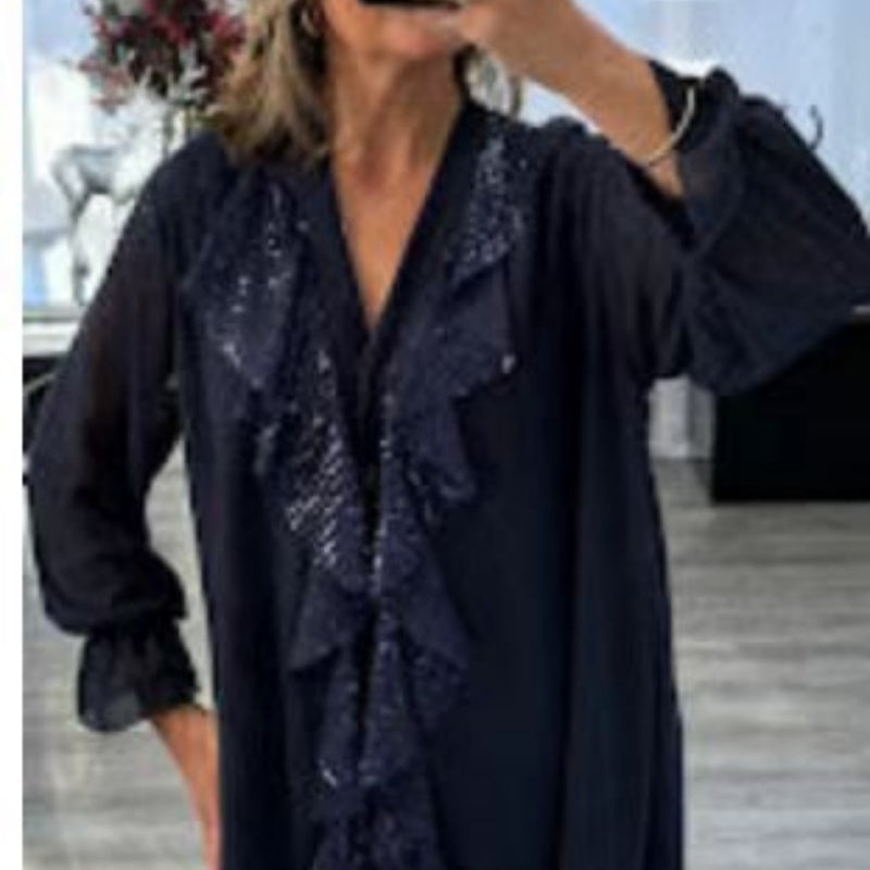 📢📢60 % de réduction !!!🎅Chemise à manches longues à col en V en mousseline et paillettes pour femmes