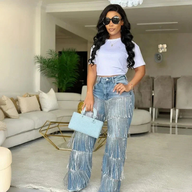 Jeans à franges et paillettes pour femmes