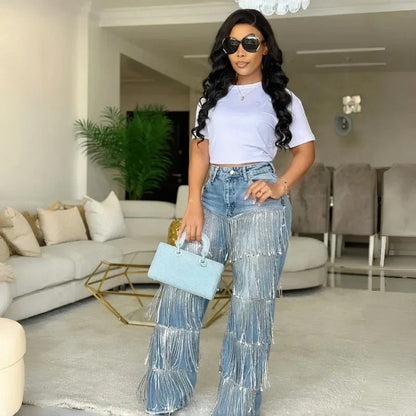 Jeans à franges et paillettes pour femmes