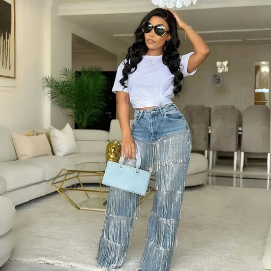 Jeans à franges et paillettes pour femmes