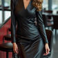 Robe midi moulante à manches longues et encolure en V pour femme