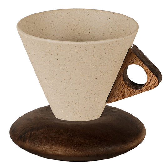 Tasse à café vintage avec anse en bois et soucoupe