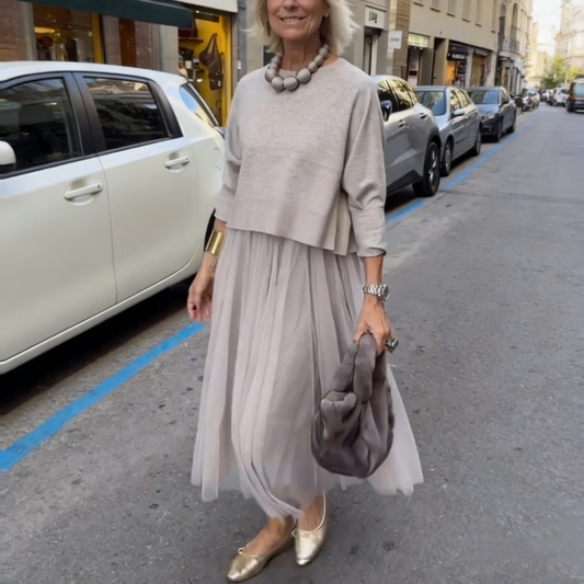 🌸Ensemble deux pièces composé d'un haut à manches longues en tricot pour femme et d'une robe sans manches