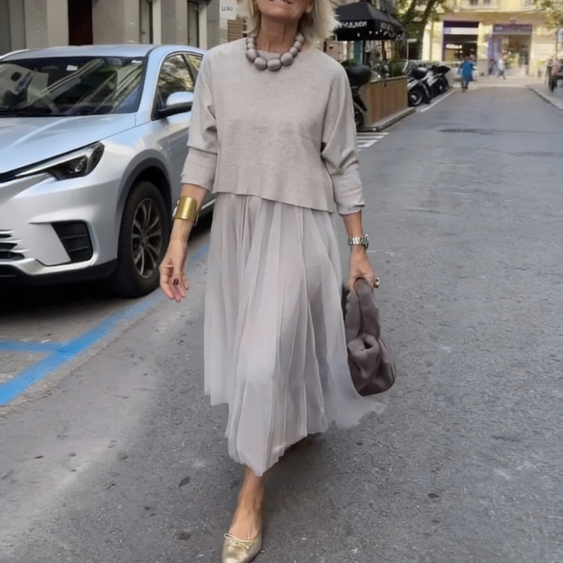 🌸Ensemble deux pièces composé d'un haut à manches longues en tricot pour femme et d'une robe sans manches