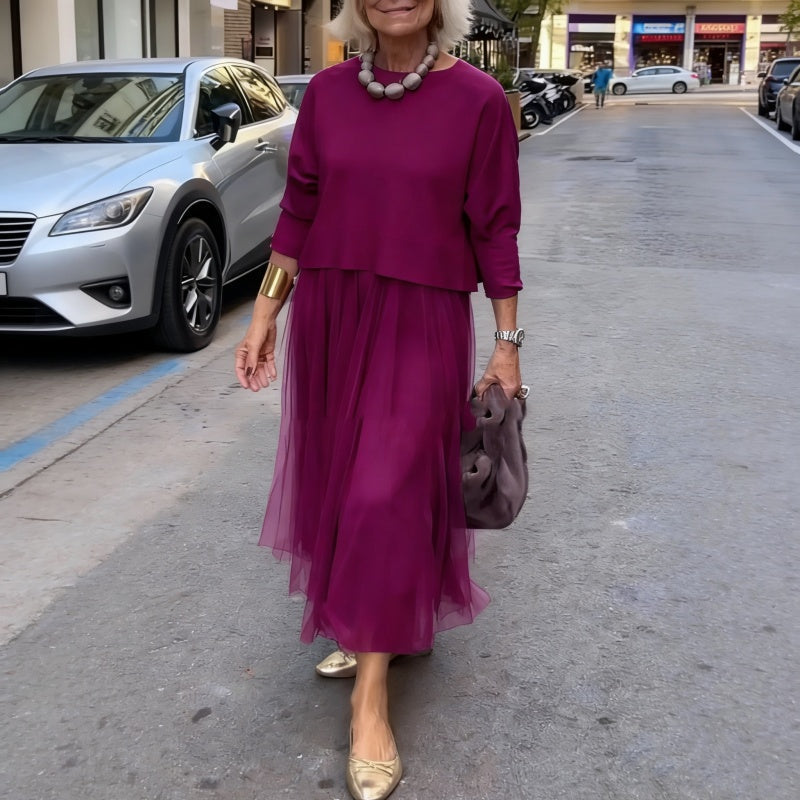 🌸Ensemble deux pièces composé d'un haut à manches longues en tricot pour femme et d'une robe sans manches