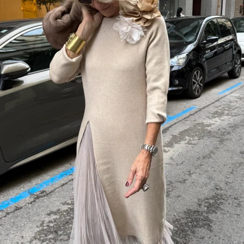 Robe midi élégante en maille pour femme avec fente sur le côté