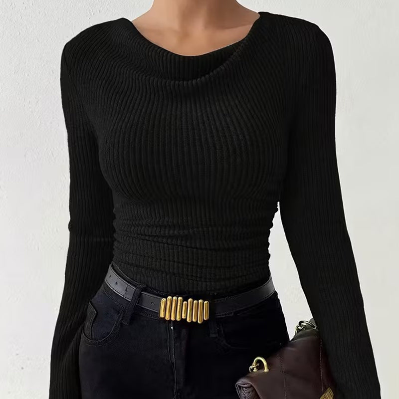 Hauts en tricot à manches longues, col drapé et froncé pour femmes