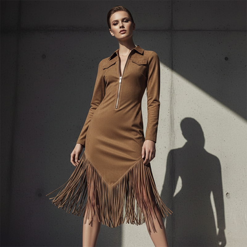 Robe midi rétro à fermeture éclair pour femme, avec pompon