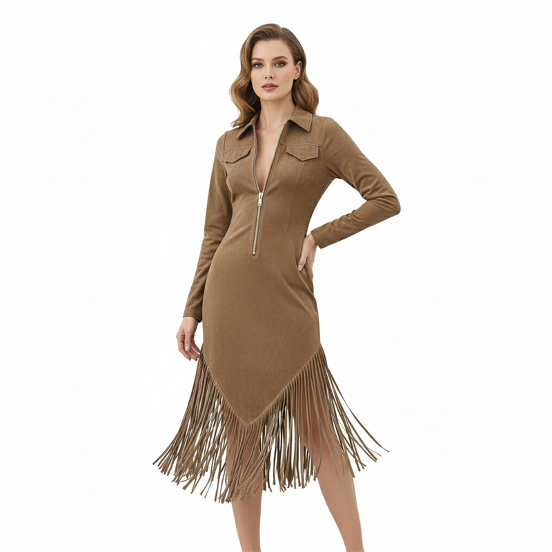 Robe midi rétro à fermeture éclair pour femme, avec pompon