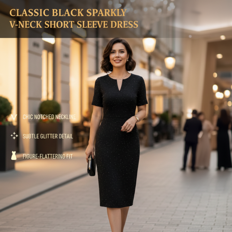 🧡Nouveauté🔥Robe classique noire à manches courtes et col en V scintillante
