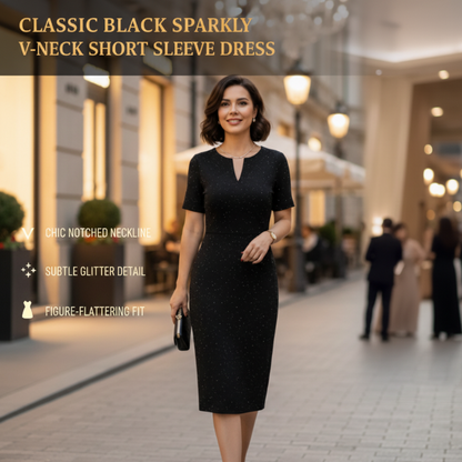 🧡Nouveauté🔥Robe classique noire à manches courtes et col en V scintillante